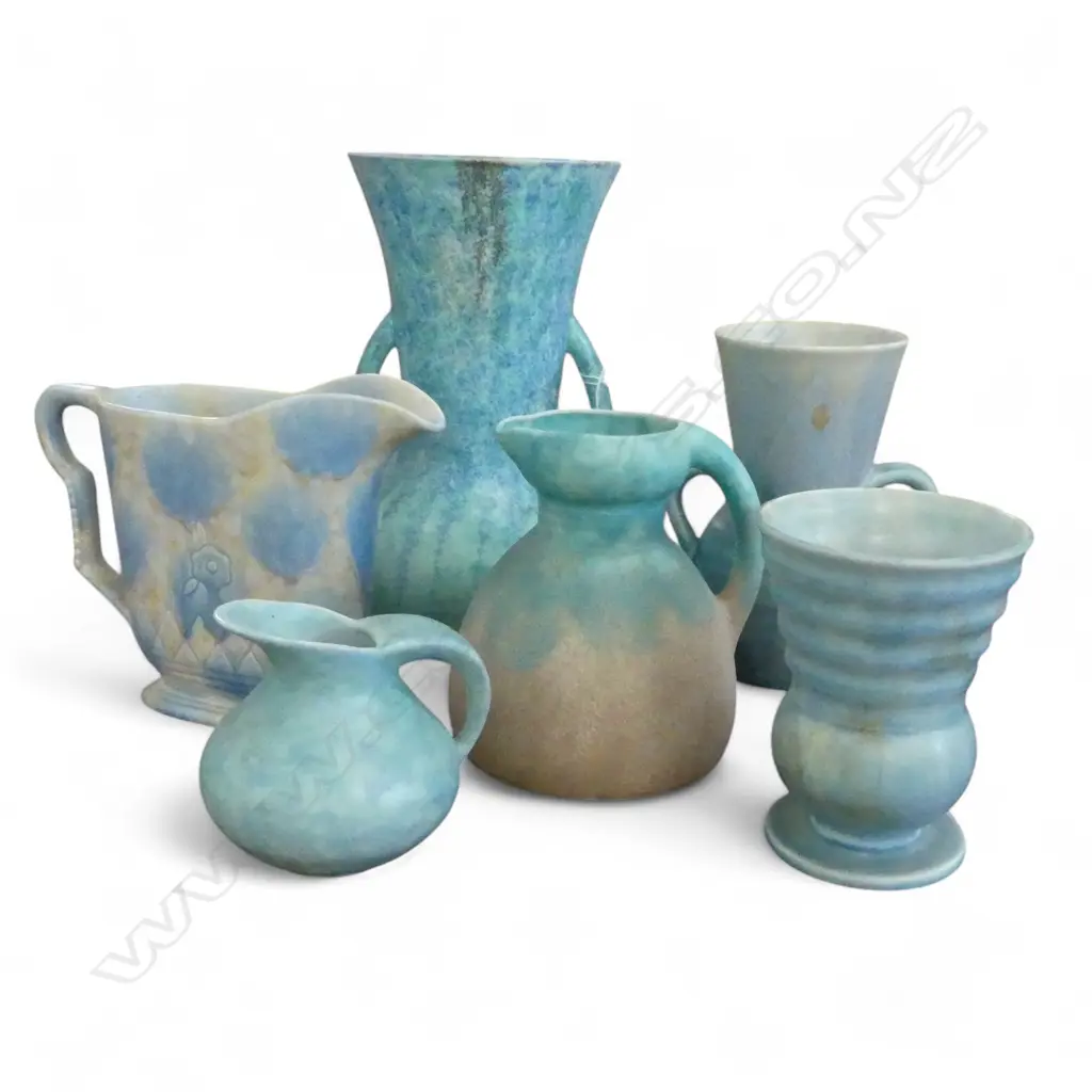 3 ART DECO BESWICK VASES (CHIP) H.310mm + JUG & 2 OTHER BLUE GLAZE JUGS Image 1++