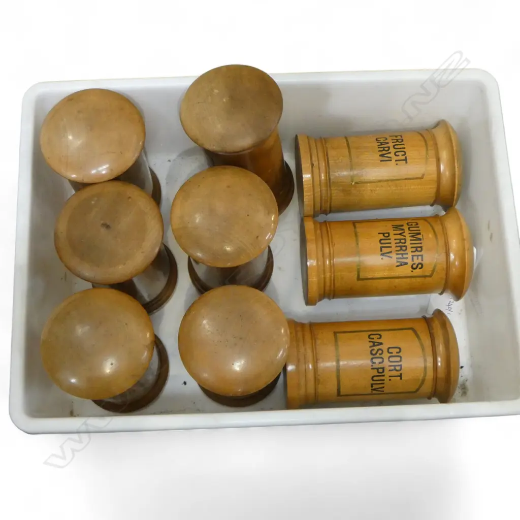 9 ANTIQUE WOODEN PHARMACY CANISTERS H.150mm Image 1++