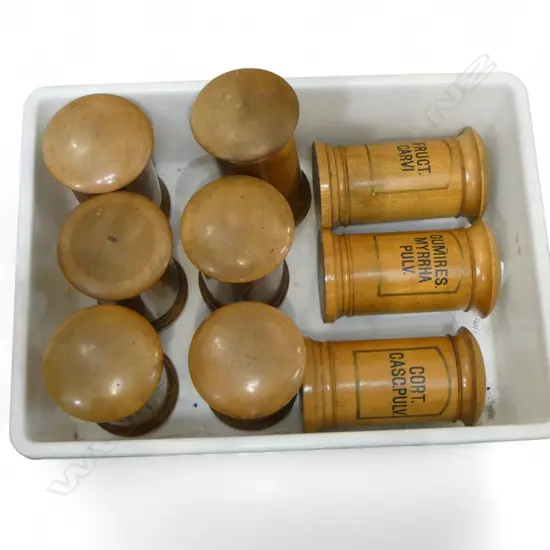 9 ANTIQUE WOODEN PHARMACY CANISTERS H.150mm