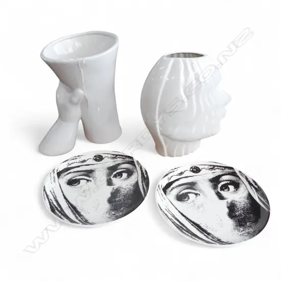 2 FORNASETTI STYLE FACE PLATES (copies), 2 WHITE VASES (HAND & HEAD)