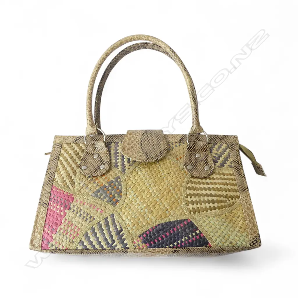 VINTAGE SNAKES SKIN & WOVEN CANE LADIES HANDBAG L320MM Image 1++