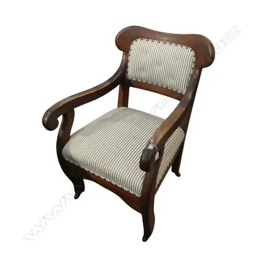 19thC ARMCHAIR w. TICKING UPHOLSTERY