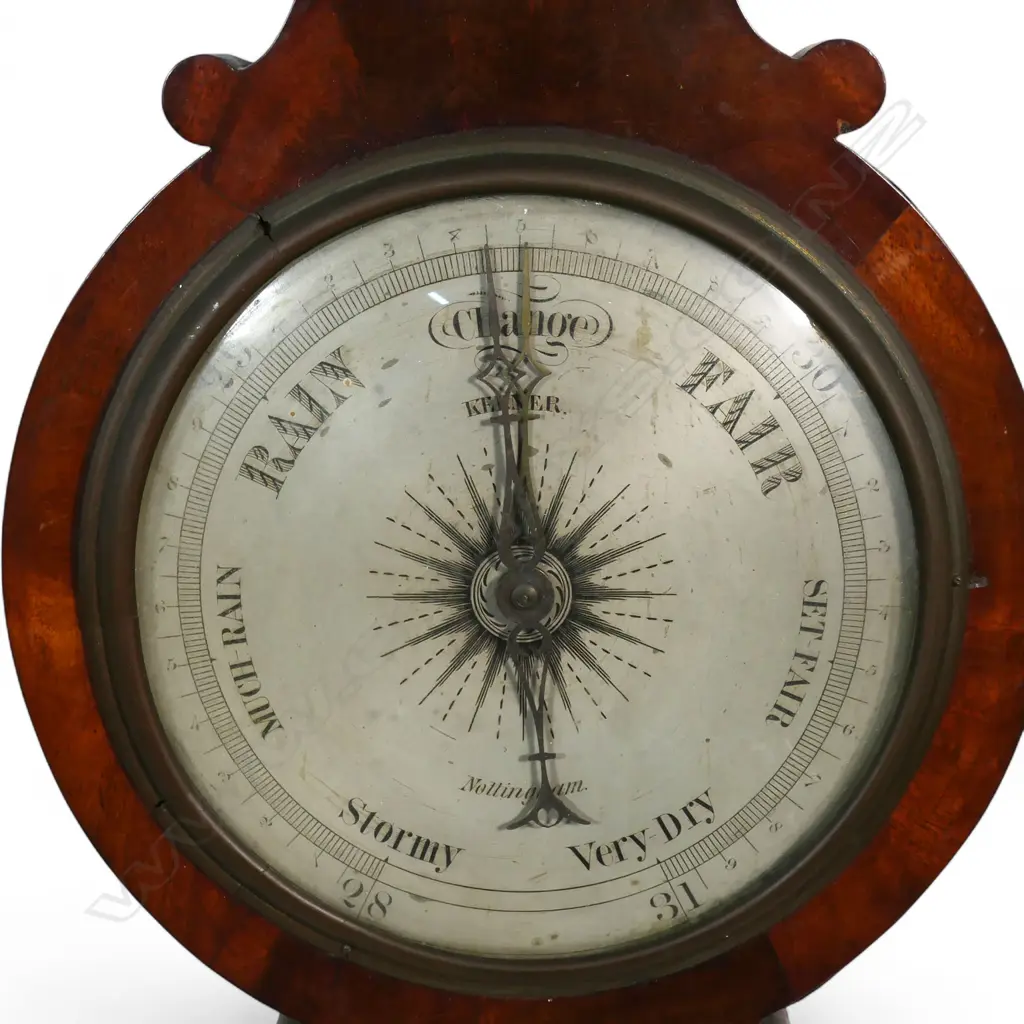 A William IV flame mahogany banjo barometer the main silvered dial named Kerner of Nottingham. The Thermometer a later replacement. H.1020mm. Image 1++