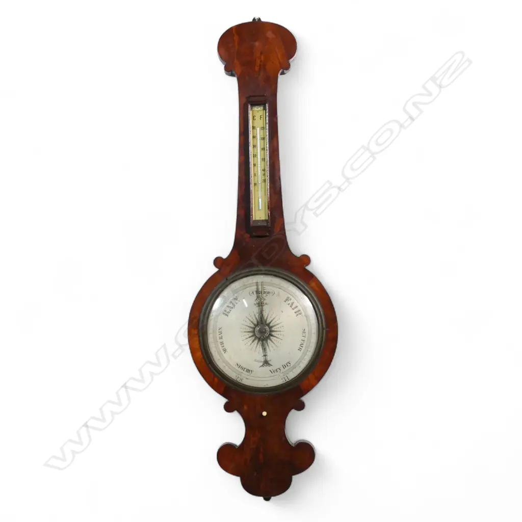 A William IV flame mahogany banjo barometer the main silvered dial named Kerner of Nottingham. The Thermometer a later replacement. H.1020mm. Image 1++