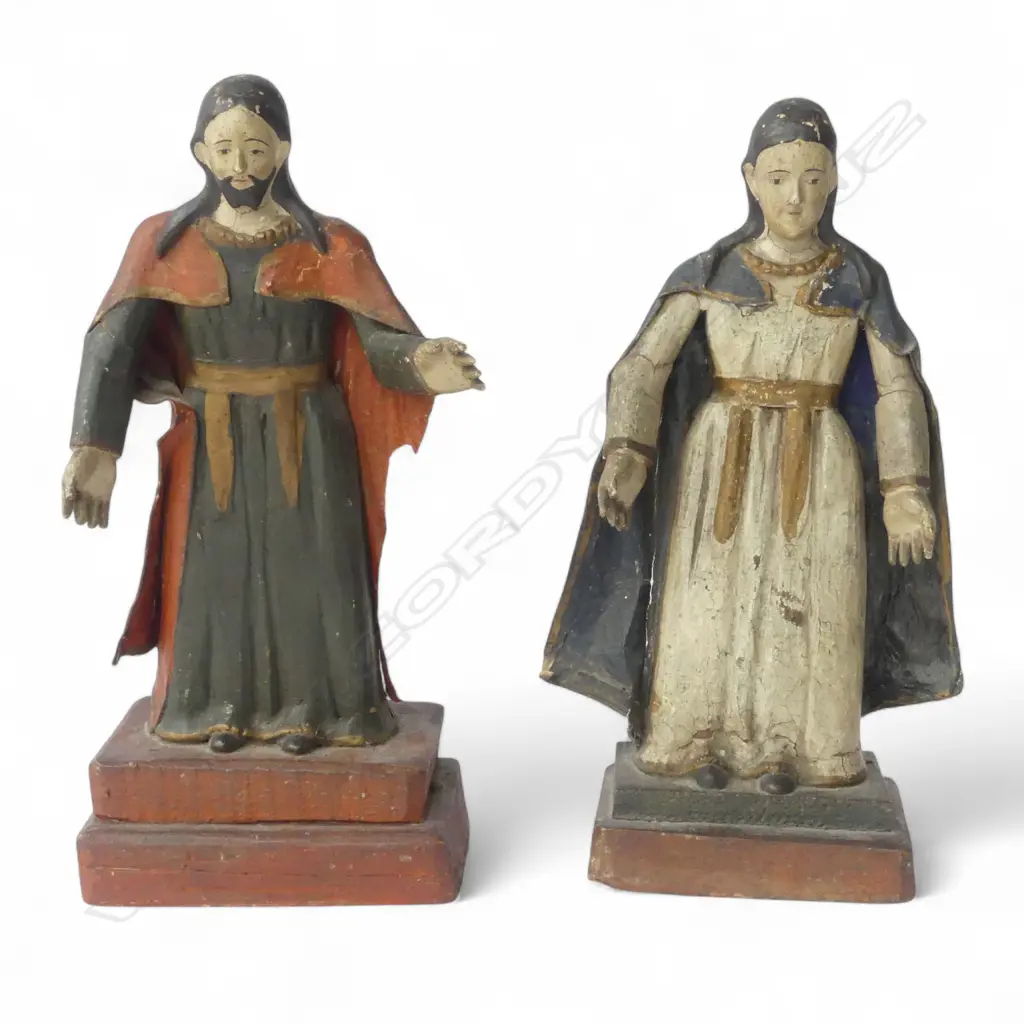 ANTIQUE ARGENTINE FOLK CARVINGS OF MARY & JOSEPH H.270mm Image 1++