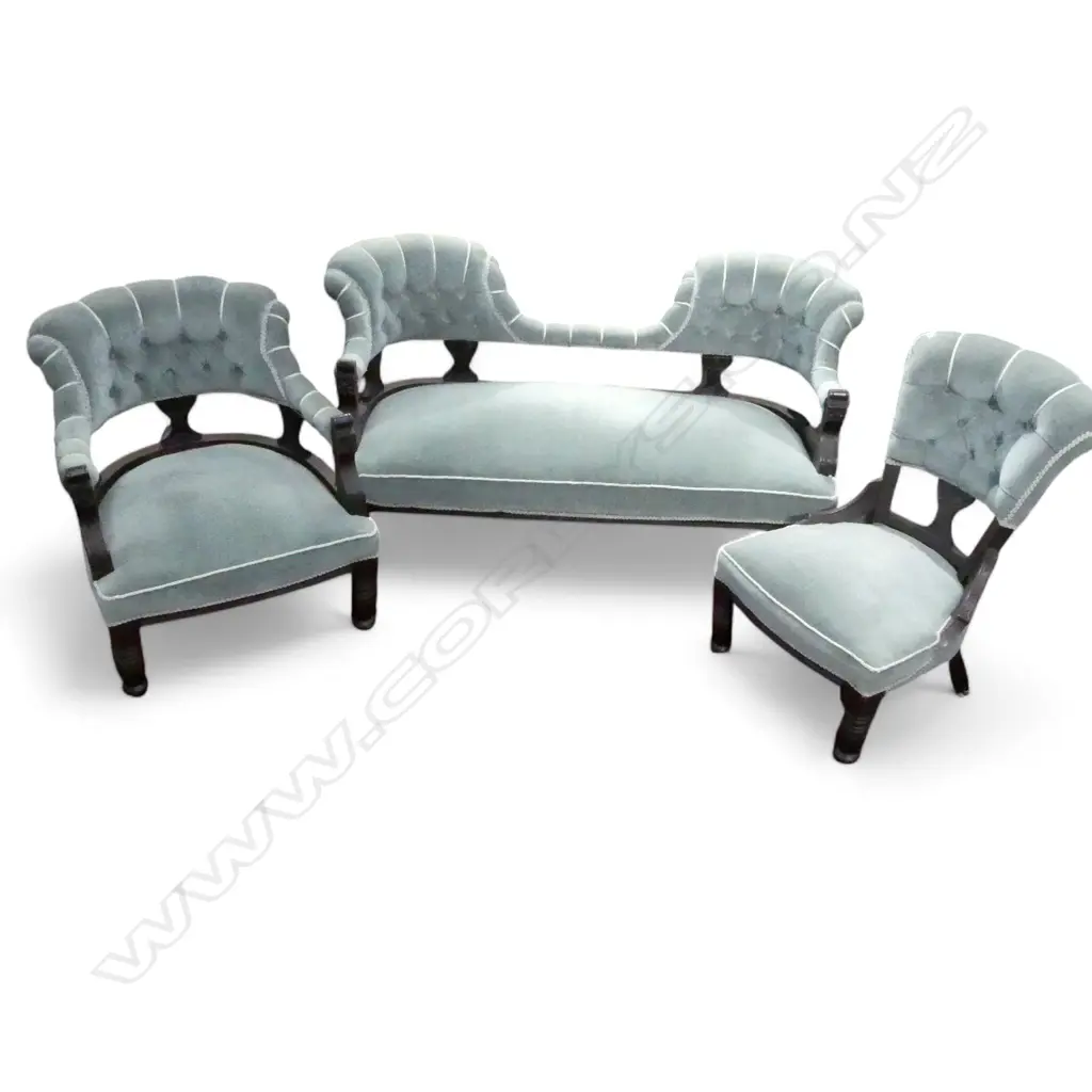 EDWARDIAN BLUE VELVET PARLOUR SUITE; PR CHAIRS + SOFA Image 1++