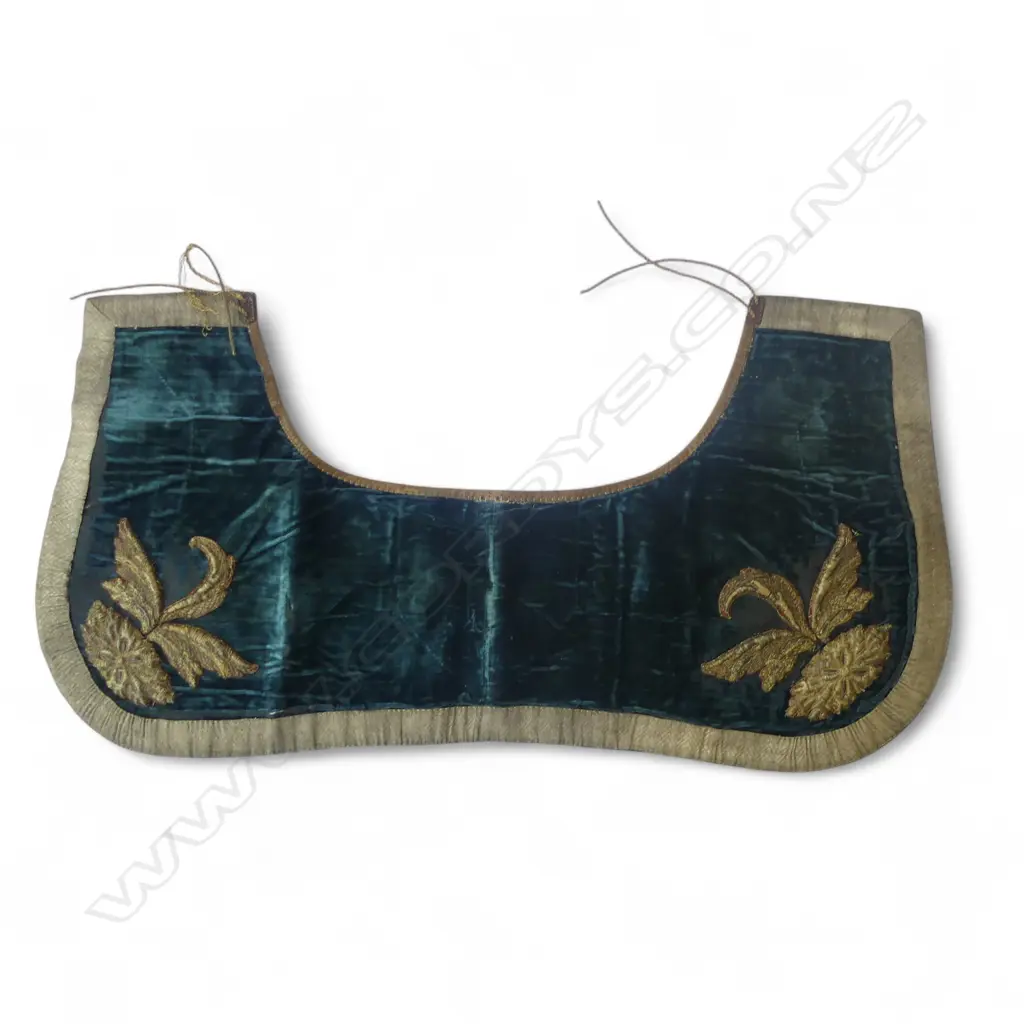 ANTIQUE CEREMONIAL HORSE SADDLE DECORATION; VELVET ON LEATHER w. METALLIC THREAD TRIM & STUMPWORK EMBROIDERY Image 1++