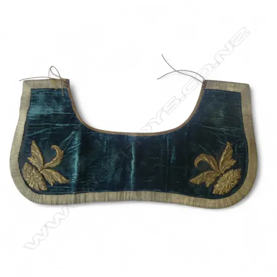 ANTIQUE CEREMONIAL HORSE SADDLE DECORATION; VELVET ON LEATHER w. METALLIC THREAD TRIM & STUMPWORK EMBROIDERY