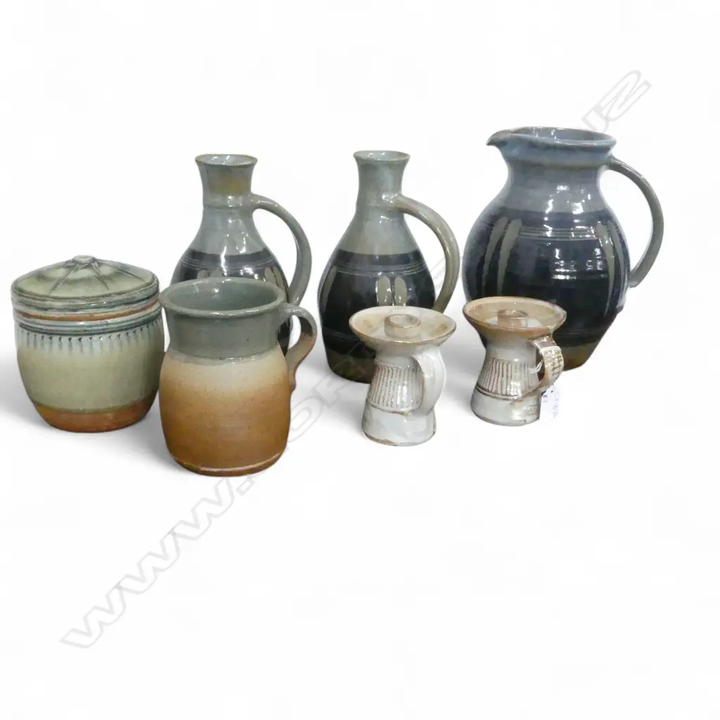 6 PCES STUDIO POTTERY; 3 MILL POTTERY SOMERSET JUGS (2+1 H.245mm), PR CANDLESTICKS, 2 OTHER Image 1++