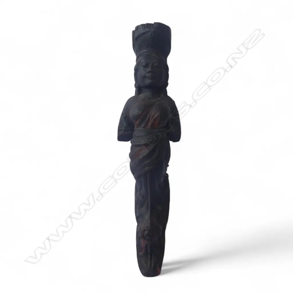 ANTIQUE CARVED WOODEN SHIPS PROW, ROBED FEMALE w. HEADDRESS H.800mm Image 1++