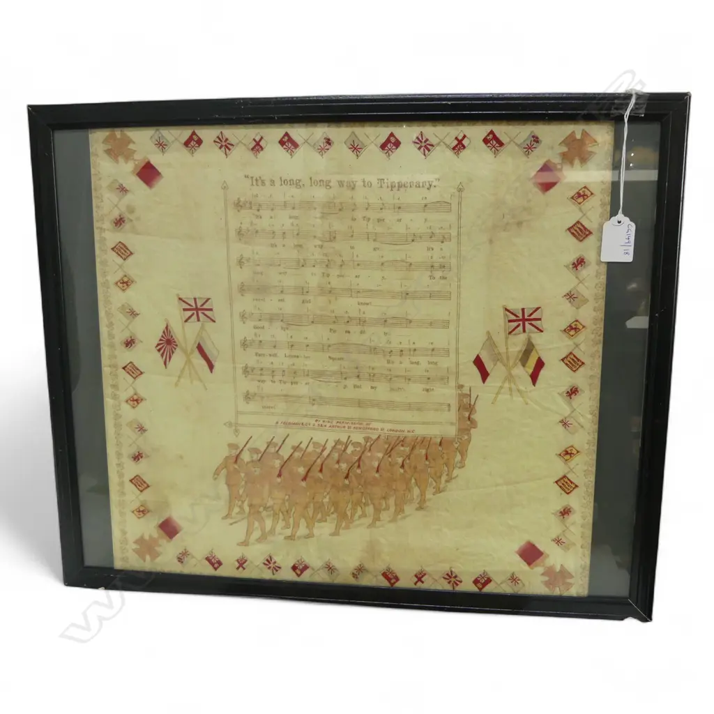 **RTV** WW1 "IT'S A LONG WAY TO TIPPERARY" PRINTED musical  & soldier image LINEN ARTWORK. H.390 L.490mm Image 1++