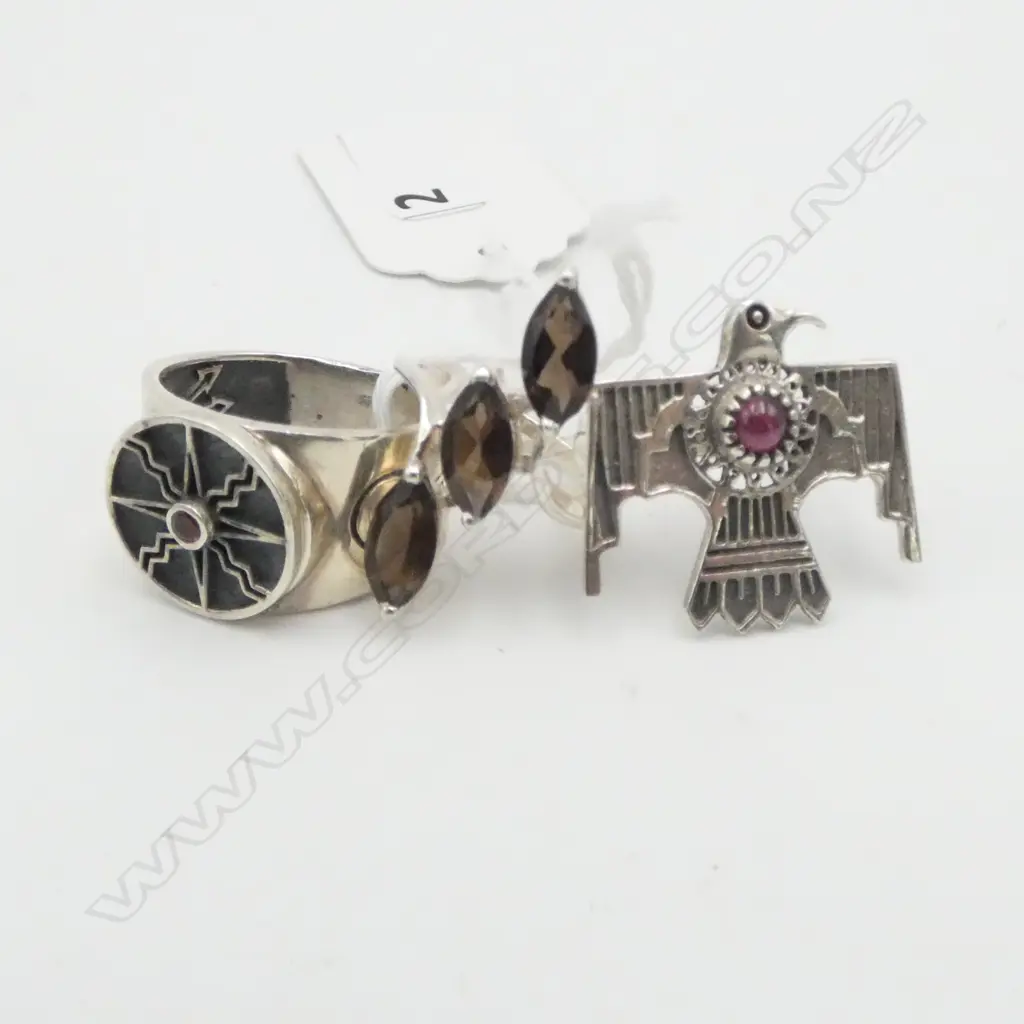 3 SILVER & GEMSTONE RINGS; EAGLE, SUN DIAL & SMOKEY TOPAZ (SIZE N & M  & U) Image 1++