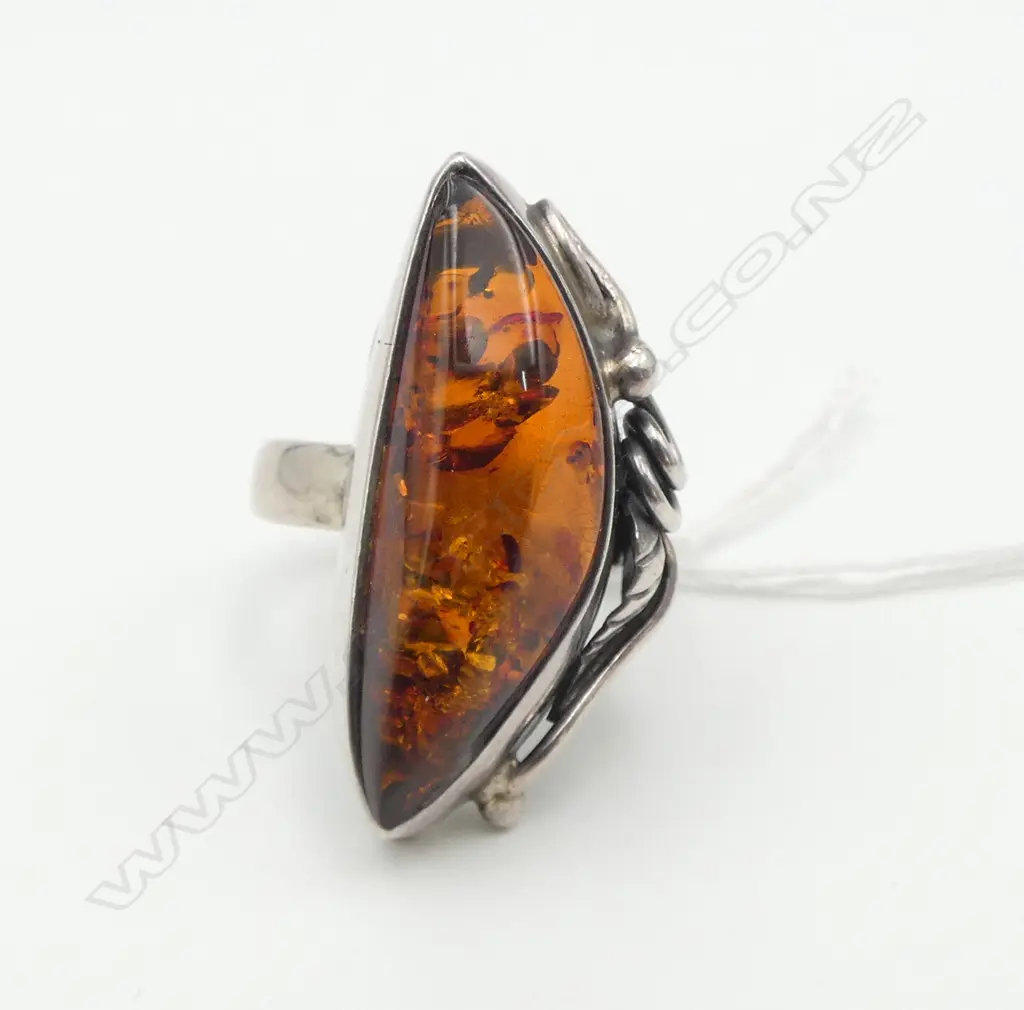 CRAFTED SILVER & AMBER RING SIZE P Image 1++