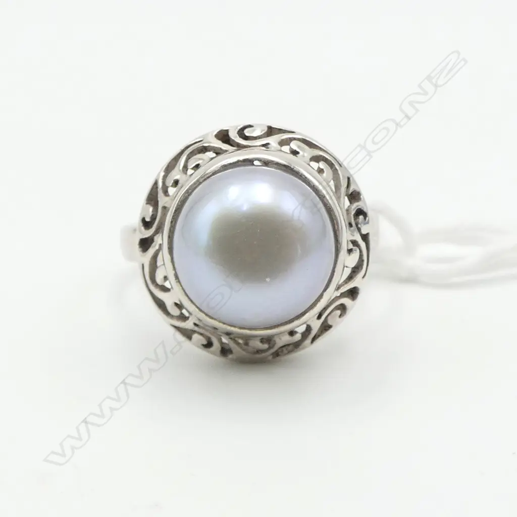 SILVER FILIGREE & PEARL RING SIZE R Image 1++
