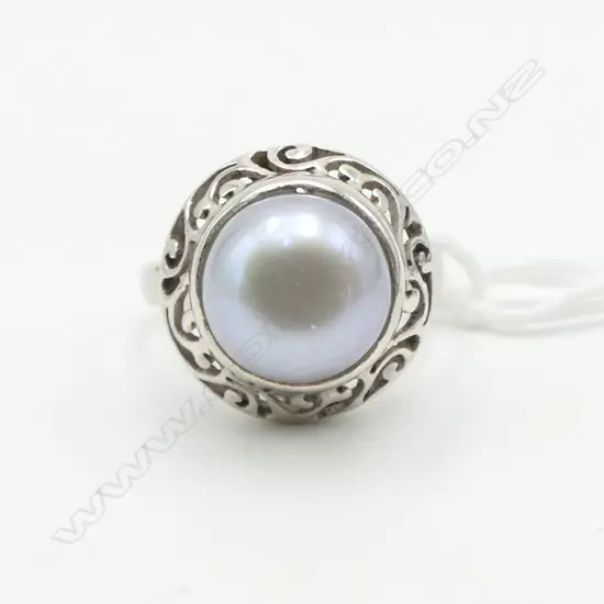 SILVER FILIGREE & PEARL RING SIZE R