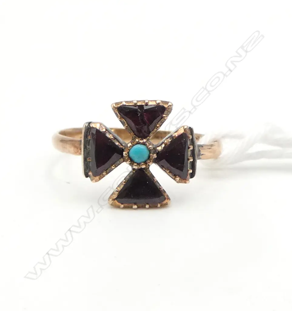 GEORGIAN 9ct GARNET & TURQUOISE RING,1.52ct SIZE M (1 STONE FAULTED) Image 1++
