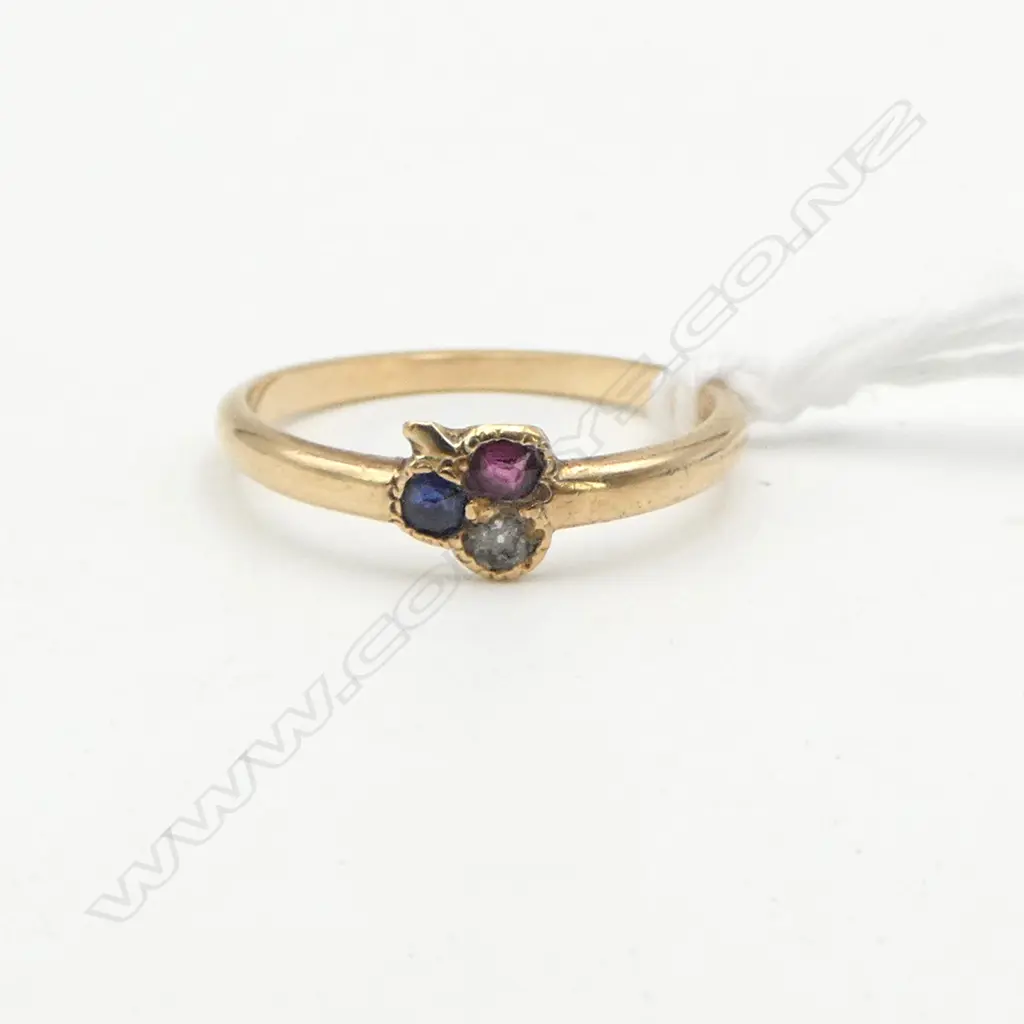 9ct DIAMOND, SAPPHIRE & RUBY SWEETHEART RING,1.42gm SIZE M Image 1++