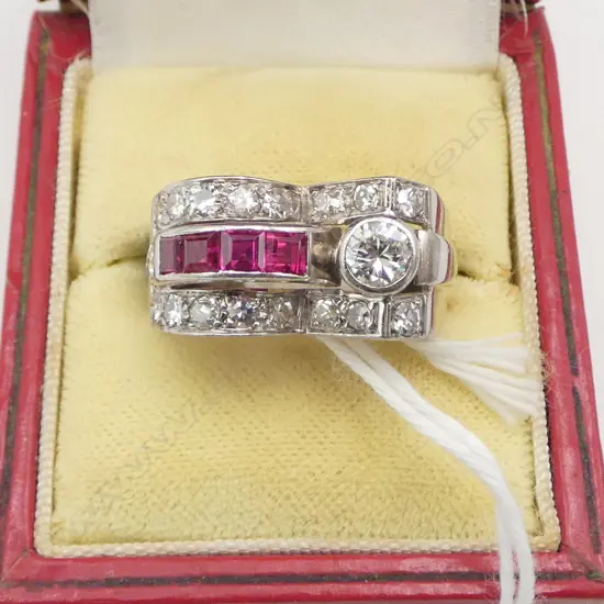 18ct SYNTHETIC RUBY & DIAMOND DECO STYLE RING SIZE O (9.3grams)