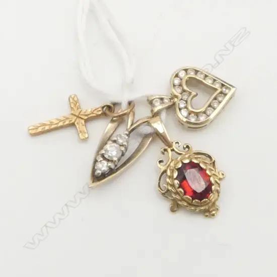 4 GOLD PENDANTS: 1 w DIAMONDS + GARNET + CROSS & 1 CZ PENDENT 3.76gms