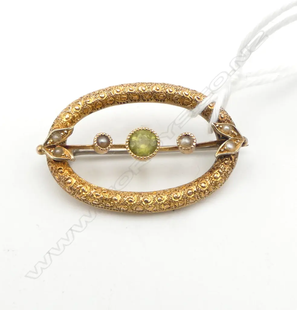c.1900 9ct GOLD CITRINE & PEARL OVAL BROOCH 2.46gms Image 1++