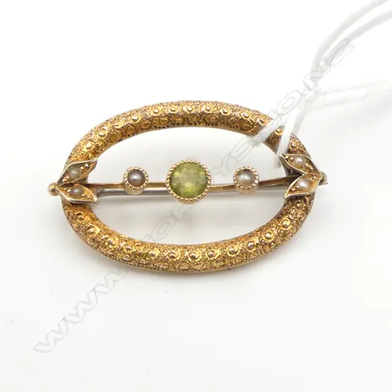 c.1900 9ct GOLD CITRINE & PEARL OVAL BROOCH 2.46gms