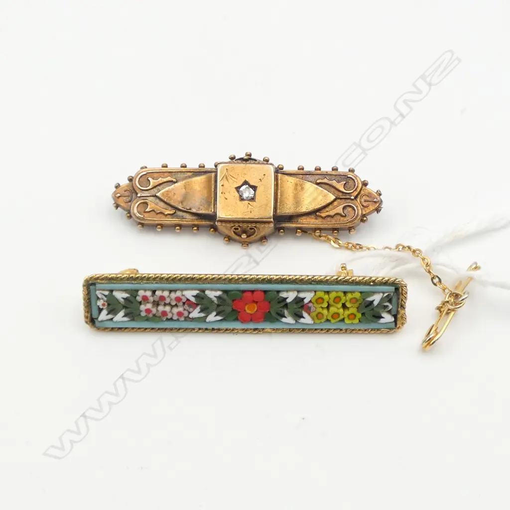 2 BAR BROOCHES; 15ct GOLD & DIAMOND 3.8gms + gold plate MICRO MOSAIC L.48mm Image 1++