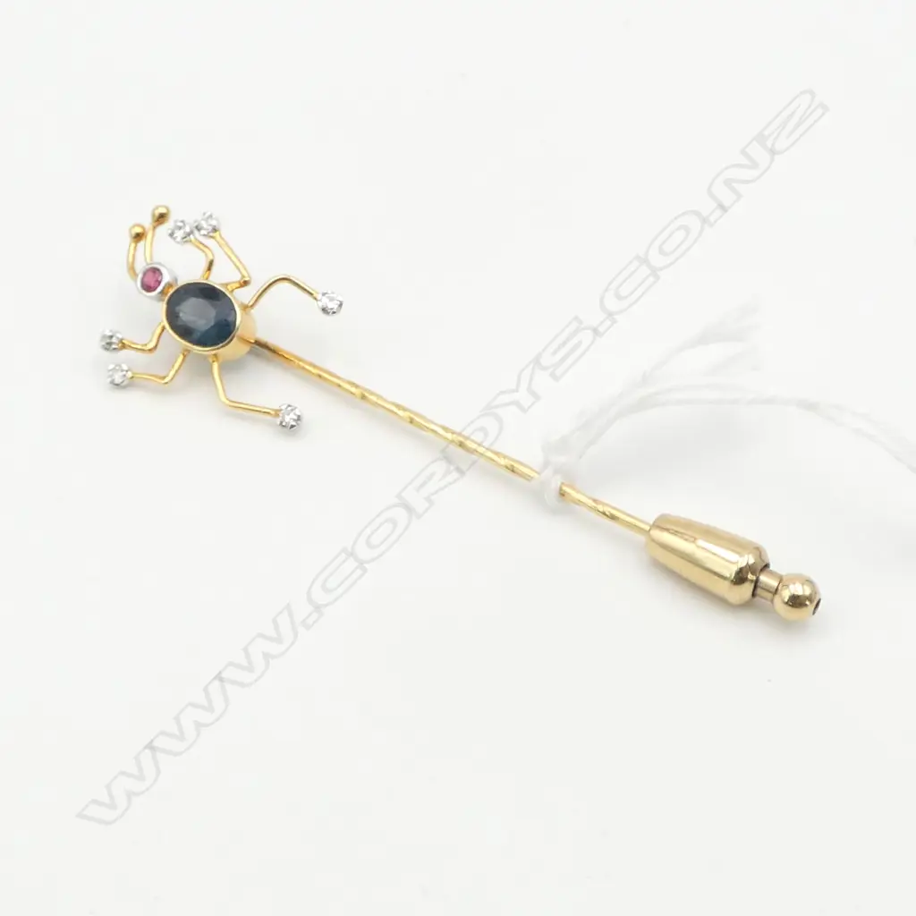 GOLD, SAPPHIRE, DIAMOND & RUBY 'BUG' STICK PIN L.75mm 4.2gms testing 14ct gold Image 1++