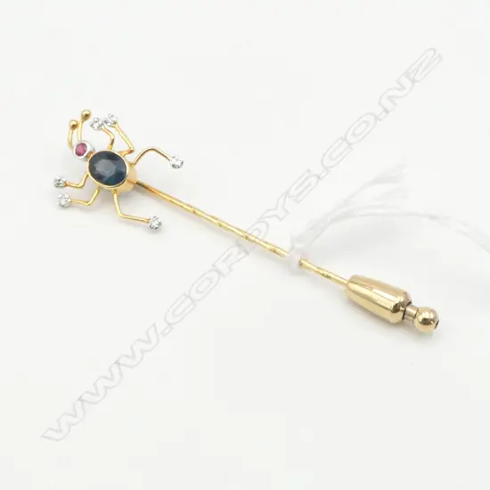 GOLD, SAPPHIRE, DIAMOND & RUBY 'BUG' STICK PIN L.75mm 4.2gms testing 14ct gold