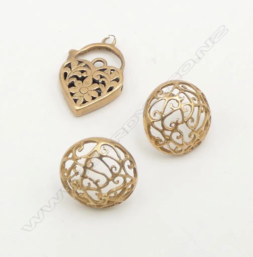PR 9ct GOLD EARRINGS + HEART LOCKET. All scroll pierced. no butterflies. 5.9gms Image 1++