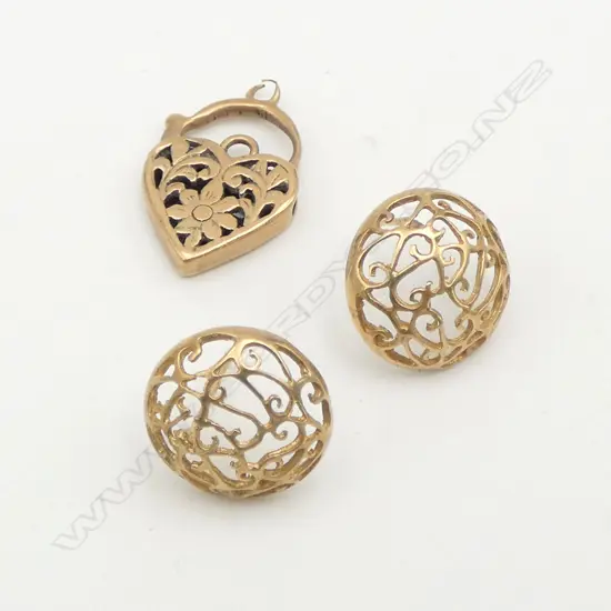 PR 9ct GOLD EARRINGS + HEART LOCKET. All scroll pierced. no butterflies. 5.9gms