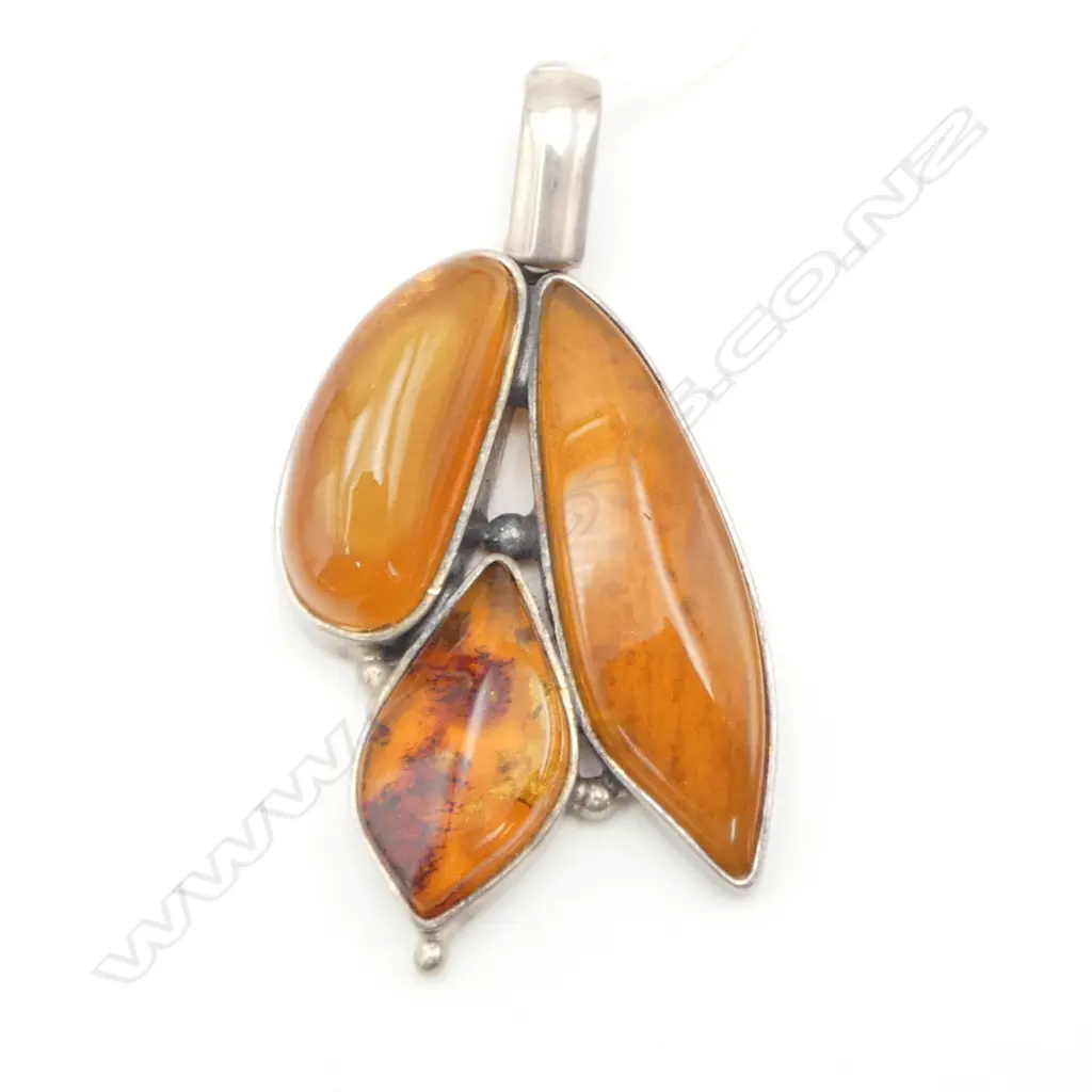 SILVER & 3 AMBER NUGGET PENDANT fairly large L.65mm Image 1++