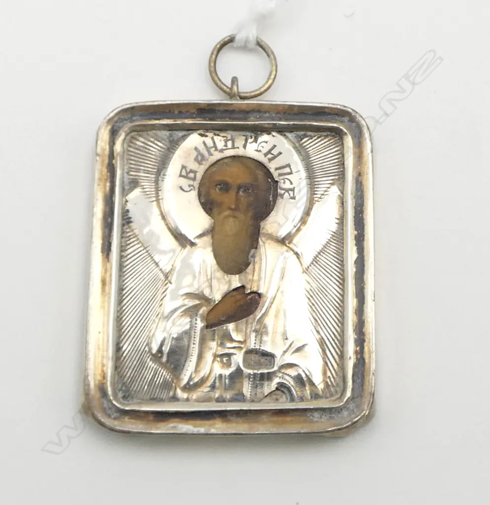 ANTIQUE RUSSIAN SILVER & hand painted ICON PENDANT St Andrew image 84 zolotnik mark H.39mm Image 1++