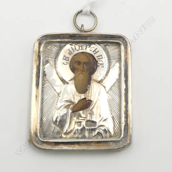 ANTIQUE RUSSIAN SILVER & hand painted ICON PENDANT St Andrew image 84 zolotnik mark H.39mm