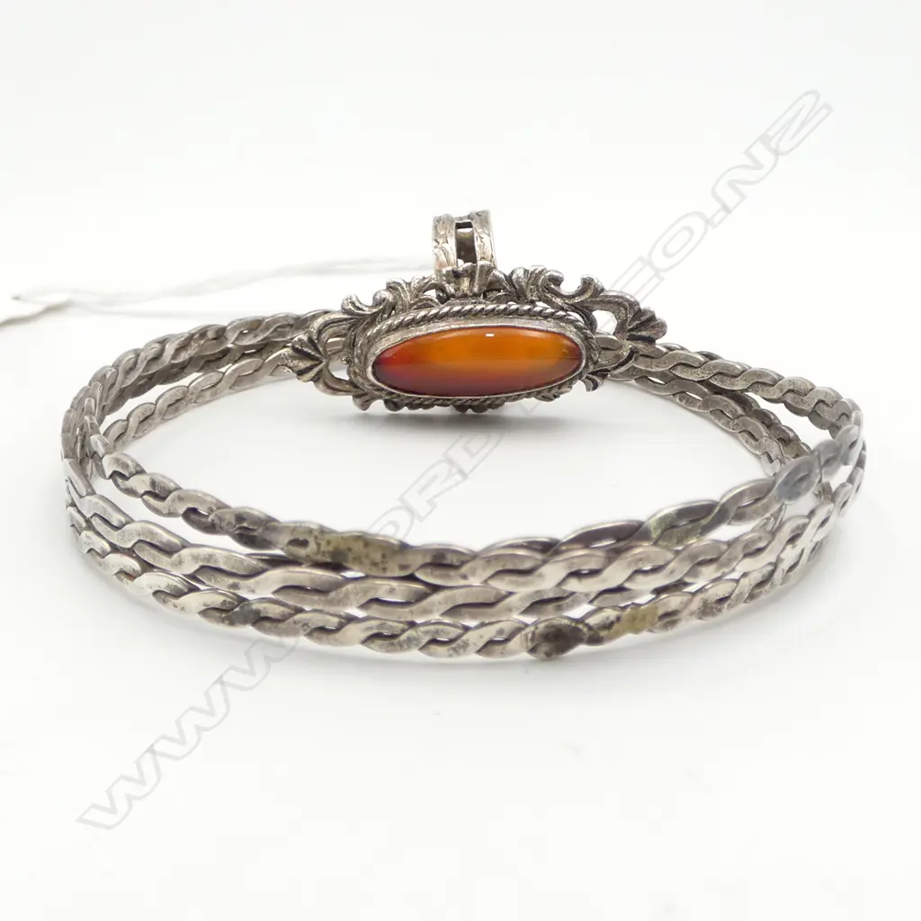 4 S/SILVER BANGLES & S/SILVER ORANGE STONE DRESS RING 26GMS Image 1++