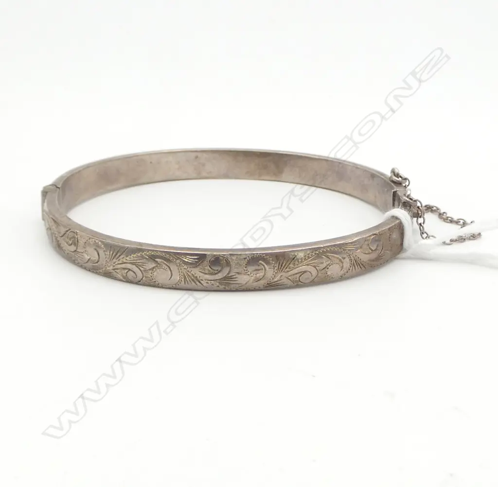 SILVER HINGED BANGLE scroll engraved top by H & S (Hurst & Sons) Image 1++