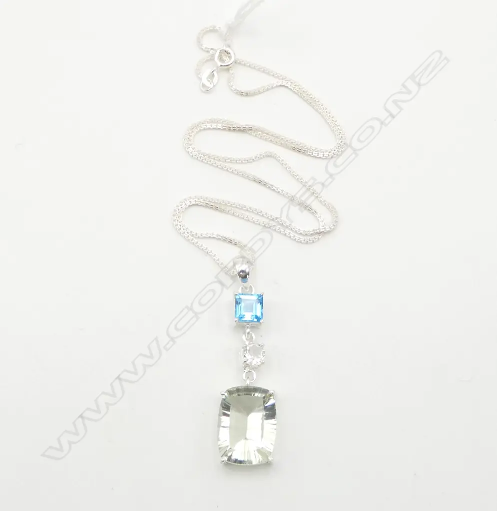 SILVER BLUE & WHITE TOPAZ PENDANT on SILVER CHAIN Image 1++