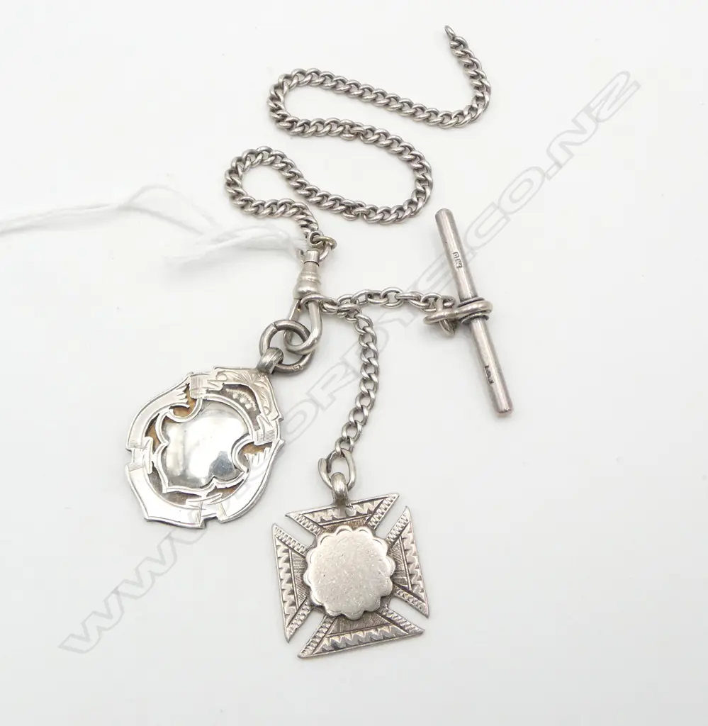 SILVER FINE VINTAGE ALBERT CHAIN W 2 medallions + T-bar not connected 26.6gms Image 1++