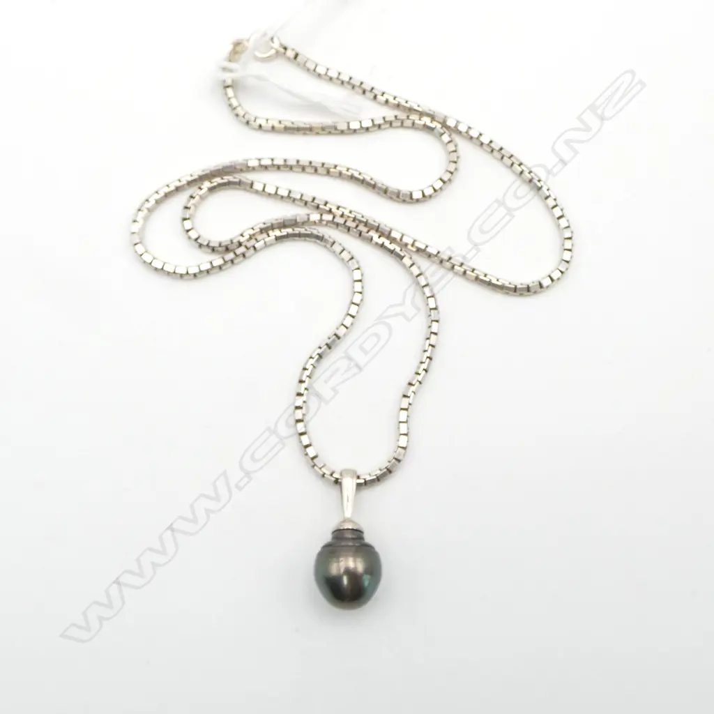 SILVER & lge GREY CULTURED PEARL PENDANT NECKLACE box link chain  Image 1++