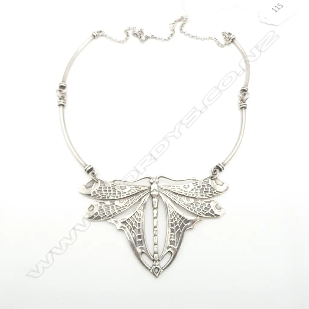 LGE VINTAGE SILVER DRAGONFLY NECKLACE W.100mm. with 4 curved bars and chain attached. Marked Italy 925. Image 1++