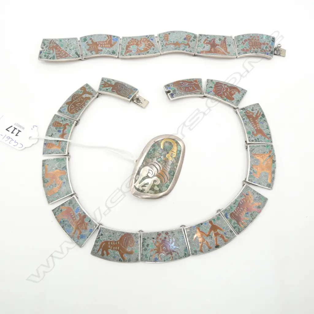 MEXICAN SILVER AND INLAID ZODIAC NECKLACE/BRACELET/BROOCH 147gms Image 1++