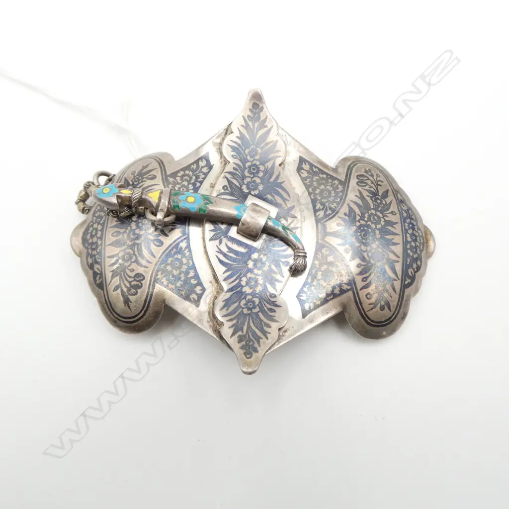 PERSIAN SILVER 2 PIECE BELT BUCKLE niello & enamel decoration dagger fastening  Image 1++