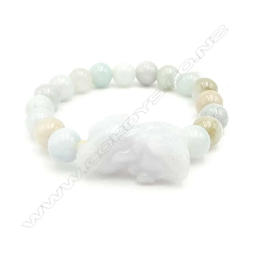 JADE PALE GREEN BEAD BRACELET w SHISHI LARGE CARVED BEAD Image 1++
