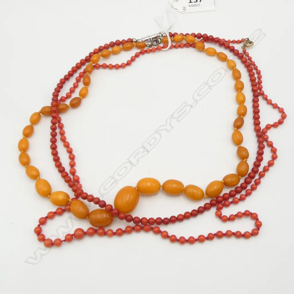3 NECKLACES; 2 CORAL & 1 AMBER STYLE Image 1++