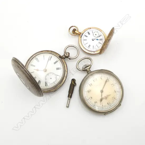 3 antique GENT'S POCKET WATCHES: SILVER FUSEE + Cortebert + mid/small size GOLD PLATE hunter. All with faults