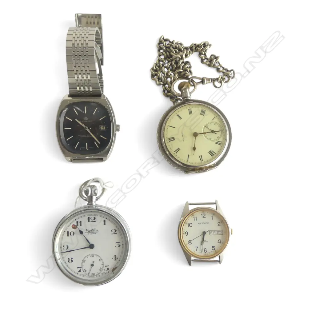 2 POCKET WATCHES (1 935 SILVER) + 2 WRIST WATCHES; OLYMPIC (FACE ONLY), BUCHERER Image 1++