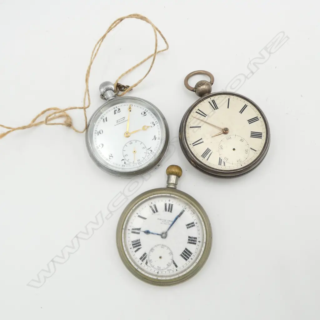 3 OPEN FACE GENT'S POCKET WATCHES: TISSOT + RAILWAY LEVER + SILVER CASED FUSEE MOVEMENT some faults Image 1++