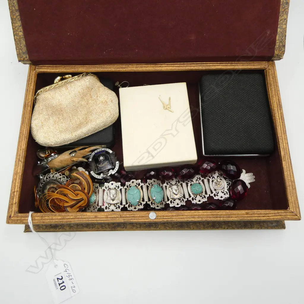 JEWELLERY BOX COSTUME JEWELLERY INCLDS SILVER SCARAB BRACELET, SILVER 1921 SCHOOL BADGE & GROUSE CITRINE BROOCH Image 1++