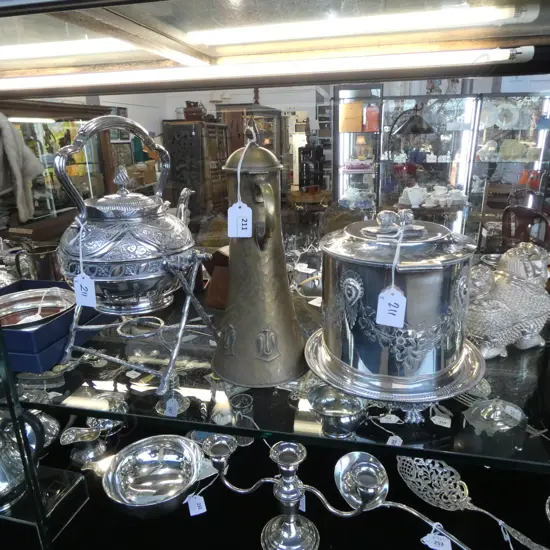 COPPER JUG H.280mm, EP SPIRIT KETTLE ON STAND, EP BISCUIT TIN