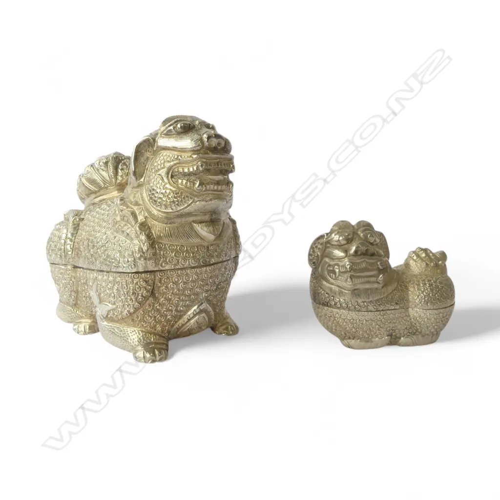 2 THAI SILVER FOO DOG BOXES, 337gms H.140mm one stamped .800 Image 1++