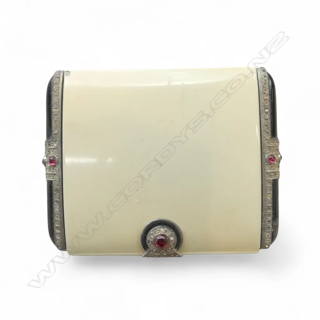 ART DECO S/PLATE & DIAMANTE POWDER COMPACT w leather pouch Image 1++